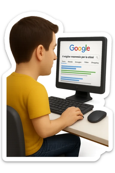 emoji stile iphone di un uomo davanti al pc che cerca di google: "Il miglior magnesio per la stipsi", iperrealistico 4k sticker