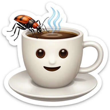 a white cup of coffee with a bug floating in it sticker