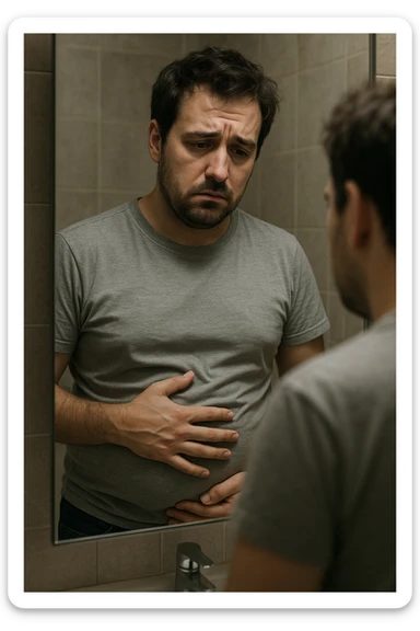 uomo che si guarda allo specchio triste mentre si tocca la pancia, pensieroso, iperrealistico 4k sticker