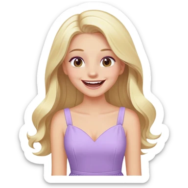 laughing Luxury blonde model, hazel eyes, sleek long hair, pastel purple dress sticker