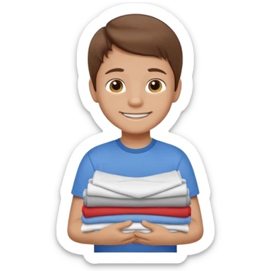 Little boy with brown hair smiling and carrying a stack of clean folded clothes sticker