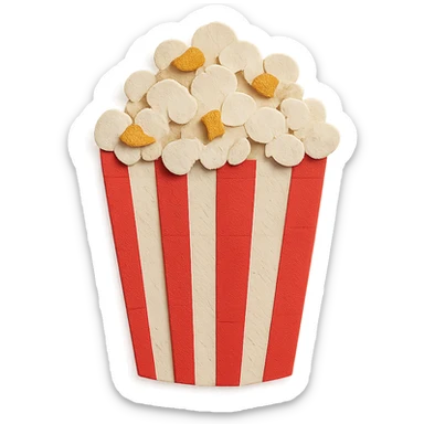 red and white striped movie theater popcorn bucket with buttered popcorn sticker