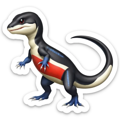 Black and white Orca-reptile-reptilian-lizard-skink-gecko-Digimon-Fakémon-hybrid full body, two legs, two arms, claws, tail, with red stripe sticker