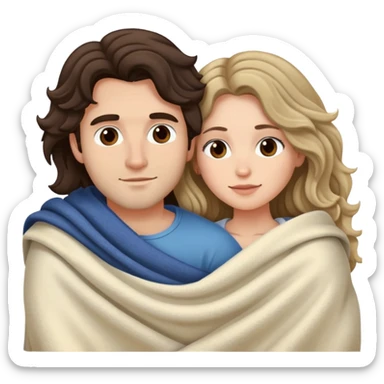 Man with dark brown wavy hair and one woman with long dark blond wavy hair in bed cuddling with blanket sticker