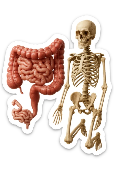 intestino umano anatomico e ossa umano anatomico fluttuano in aria, iperrealistico 4k sticker