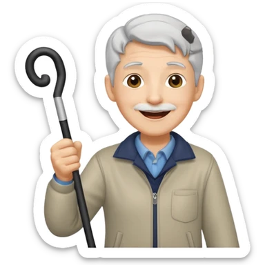 A grey-haired fan with cane in hand, cheering loudly with youthful spirit. sticker
