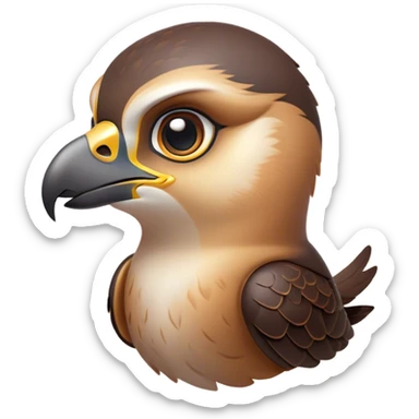 Cinematic Cute Falcon Portrait Emoji, Head tilted playfully and inquisitively, featuring a sleek, agile form with a delicately curved beak and round, sparkling eyes full of spirited charm, Simplified yet irresistibly adorable features, highly detailed, glowing with a warm, inviting glow, high shine, affectionate and lively, stylized with a touch of whimsical aerial grace, soft glowing outline, capturing the essence of a mischievous yet endearing falcon that seems as if it could dart out of the screen into your heart! sticker