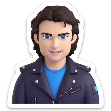 Damon Salvatore as a vampire with dark tousled hair, blue eyes, fangs, signature smirk, leather jacket, confident vibe sticker