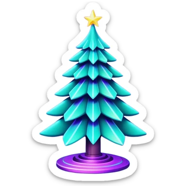 Futuristic glowing Christmas tree emoji with neon decorations, purple and cyan holographic glow, dark background, festive sparkles, no face. sticker