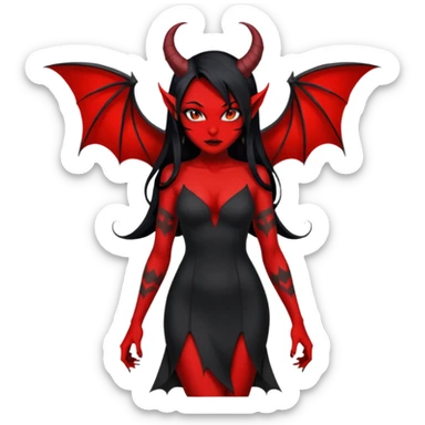 Full red-skin demon girl (entire body red), long black hair, small red horns, pointed ears, single bat wing, black open-back dress, bold tattoo-flash comic linework, red/black/gray, dark background, no text. sticker