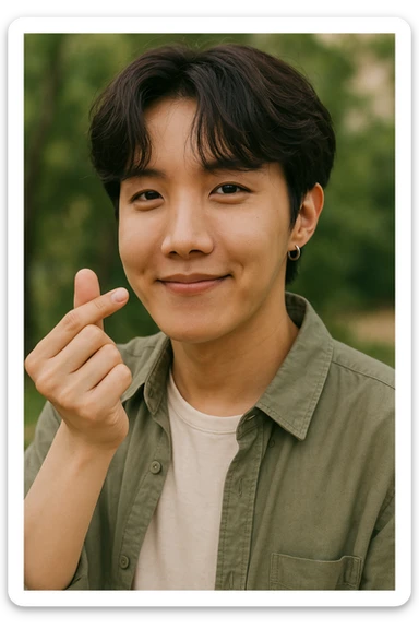 J-hope matching the pose, expression, and style of the first reference image, showing finger heart, soft smile, natural look, vibrant and natural style sticker