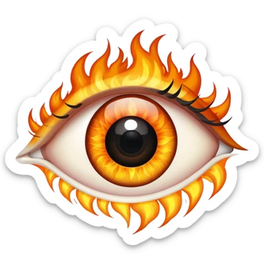 An eye with no lids where the iris and white are made of fire with a long black pupil sticker