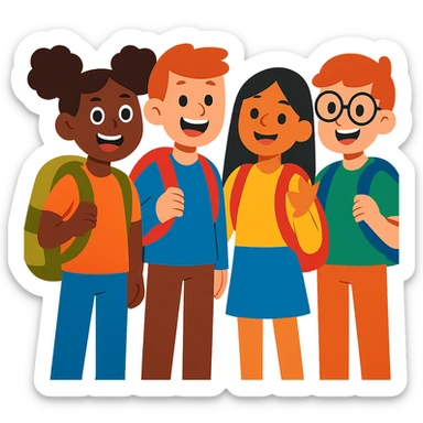 students with backpacks, friendly, diverse, cheerful sticker