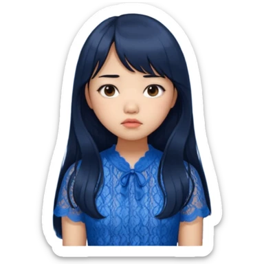 Long hair asian girl with curtain bangs with a blue lace top on with sad expression sticker