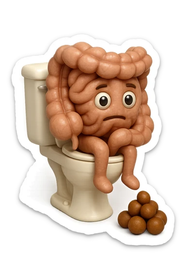 EMOJI STILE IPHONE 3D DI UN INTESTINO CHE sta seduto sul wc e davanti ha una montagnetta di feci a palline stile emoji iphone E FALLO MOLTO REALISTICO IN 3D sticker