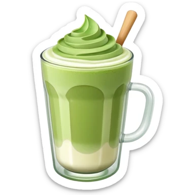 Matcha latte glossy 3D en vaso de vidrio minimalista, realista, estilo sticker, sin cara ni rasgos humanos, capas matcha y leche suaves, espuma ligera arriba, reflejos sutiles, fondo transparente. sticker