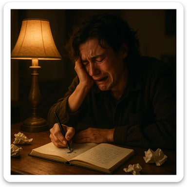 A cinematic scene: writer at a wooden desk, crying as they write in a notebook. Warm lamp, dim room, crumpled papers scattered. Tears smudge ink, emotional and artistic atmosphere. sticker