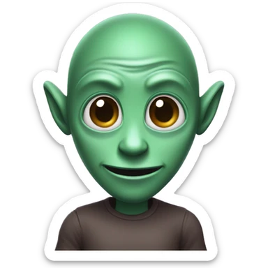 a darkgreen alien with brown hair, and purple eyes, with a modest smile, show hello with his hands,  sticker
