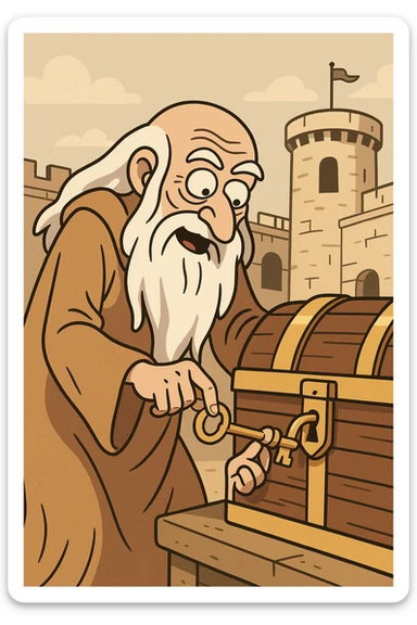 Père Fouras unlocking a treasure chest with a key, flat toon style, playful, exaggerated features, fort elements visible sticker