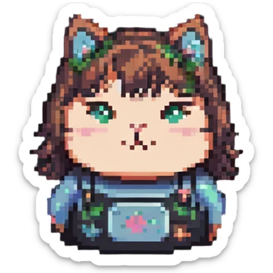 short chubby girl with a cat face sticker