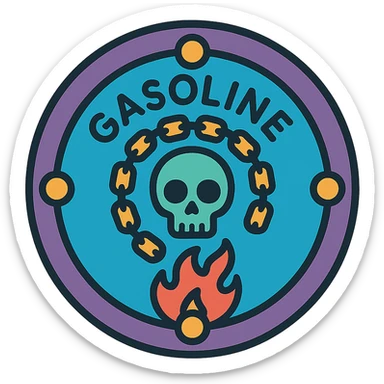 circular motorcycle gas cap design, transparent background, text 'GASOLINE', motif: skull, chain, flame, cool style sticker
