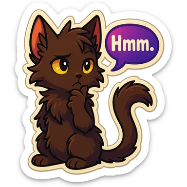 a dark-brown fluffy cute kawaii anthropomorphic furry anime cat-furry with tufted ears, golden eyes, and a long thin tufted tail, thinking, frowning thoughtfully, saying “Hmm..” with a purple speech bubble, (cartoon style) (cute anime style) (furry style) (deviantArt style) (artist style: Kamirah) sticker
