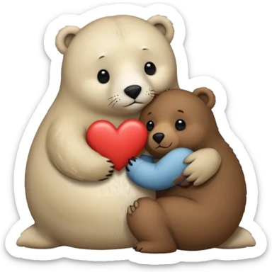 small white seal hugging a big brown bear with a heart in between them sticker