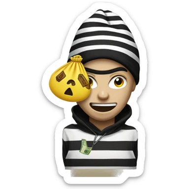 A robber emoji with black and white stripes t-shirt, a black beanie and a money bag sticker