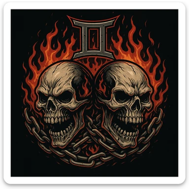 Two twin skulls with Gemini symbol, heavy metal band logo style, flames and chains sticker