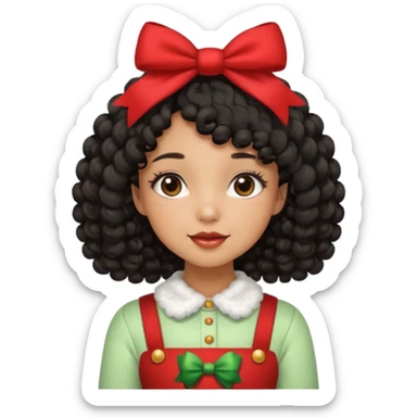 cute girl tan skin, curly black hair chin length, middle part, long eyelashes, cute cheeks, 5'2, outfit croquette style with bows and christmas theme sticker