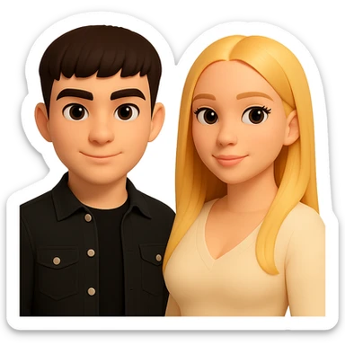 Slightly increase the volume of the upper body of the girl, separate the girl and the boy from each other, make the skin color the same for both characters. Maintain the cartoonish 3D style as in the reference image. Keep the background transparent. sticker