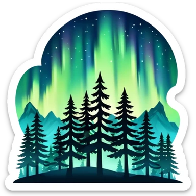 northern lights with pine forest silhouette sticker