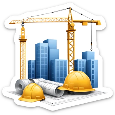An icon featuring a blueprint, a hard hat, and a measuring tape, symbolizing architecture and construction. The design includes a building silhouette, cranes, and construction tools, representing the planning, design, and building processes. Transparent background. sticker