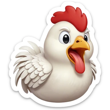 Cinematic Cute Yawning White Chicken Portrait Emoji, Head tilted slightly with a dramatic, wide-open yawn, showcasing a soft, fluffy white plumage with a crisp red comb and drooping wings, round beady eyes barely open in drowsy contentment, Simplified yet irresistibly adorable features, highly detailed, glowing with a soft, cozy glow, high shine, relaxed yet expressive, stylized with a touch of whimsy, bright and endearing, soft glowing outline, capturing the essence of a sleepy yet affectionate chicken, so drowsy it feels like it could stretch out of the screen and curl up for a nap! sticker