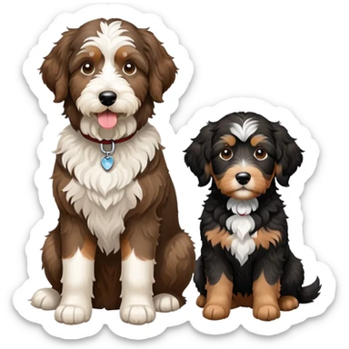 2 dogs: one light brown Aussiedoodle, one all-black Bernedoodle with white eyebrows some white markings, no brown coloring. Both same size. sticker