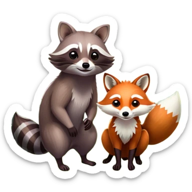 raccoon and a fox among a colorful forest with vibrant green trees, bushes and flowers. The animals are in the foreground, surrounded by a lush, bright forest, with soft sunlight filtering through the leaves. A playful photo-realistic and wild scene with a transparent background. sticker