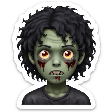 Boy, zombie, black curly wavy hair, medium long, round shaped hair, emo, dark, spooky, creepy expression sticker