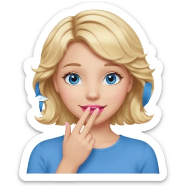 Girl Blonde short wavy hair,  blue eyes, cute blue top, long lashes, pink lips, smiling, hand covering the mouth sticker