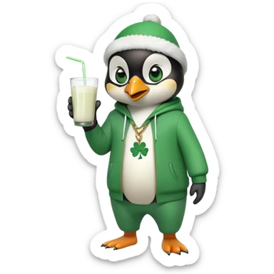 full body friendly anthropomorphised penguin wearing green mafia-style tracksuit, angry confident scheming stance, holding glass of milk, shamrock accessory sticker
