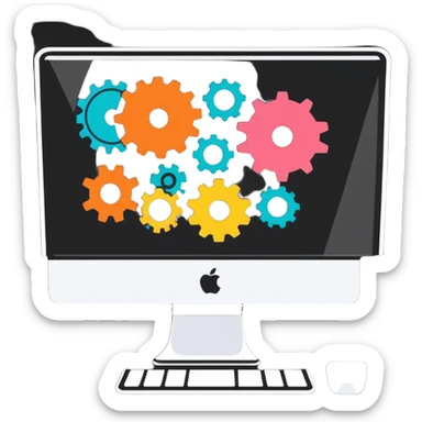 iMac computer with colorful gears on the screen sticker