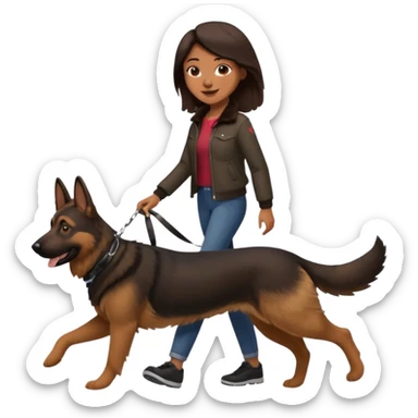 a girl with a brown dark hair, she's walking her dog is a german shepard sticker