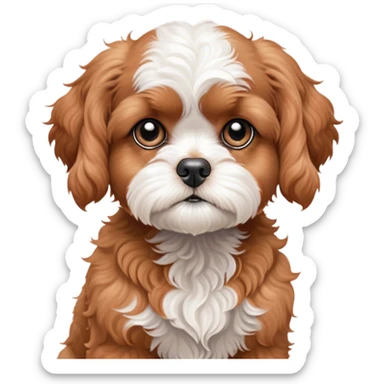 Cinematic Meme-Worthy Grumpy Apricot Cavoodle Portrait Emoji, Head held high but eyes filled with dramatic disappointment, smooth, curly apricot fur with striking white patches, deeply furrowed brow forming an unmistakable scowl, floppy ears slightly angled back in disapproval, piercing brown eyes glaring with pure exasperation, Simplified yet hilariously over-exaggerated features, highly detailed, glowing with an aura of supreme annoyance, high shine, exhausted yet judgmental, stylized with an almost regal pettiness, bright but brooding, soft glowing outline, capturing the essence of a companion that has seen it all and is thoroughly unimpressed, so meme-worthy it feels like it could instantly become the next viral sensation of grumpiness! sticker