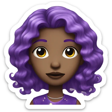 a girl with purple long wavy hair, with an inverted moon pattern on her forehead and glitter under her eyes sticker