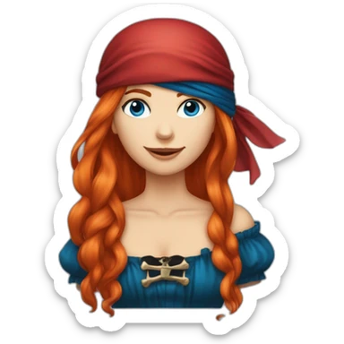 Woman long red platted hair hair only on one side of head, pirate hat. One side of head has no hair. Blue eyes. skull and crossbones t shirt sticker