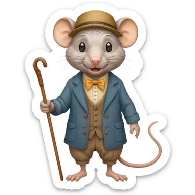 Old rat with wrinkles, happy, with old clothes and a cane  sticker