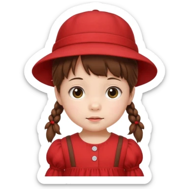 baby girl with brown hair and pigtails with red dress and a hat like My Neighbor Totoro movie sticker