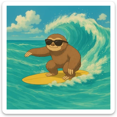 Add sunglasses to the sloth while surfing in ghibli style. sticker
