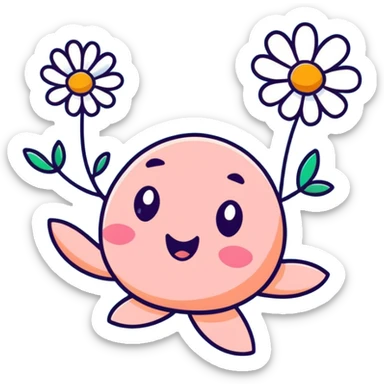 soft peach cosmos flower with a flushed, panting face doing exercise, sweat flying off in exaggerated style, gentle pastel palette sticker