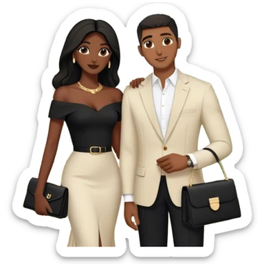the Lebanese man dressed in all black, and the Palestinian woman in an elegant off-shoulder cream-colored outfit with a matching handbag. The background features a textured stone wall,and lush greenery, they are Arab couple  sticker
