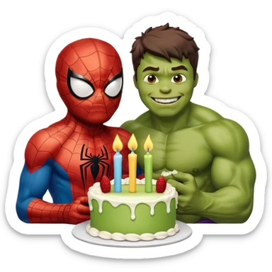 Spider-Man and Hulk eating a birthday cake sticker